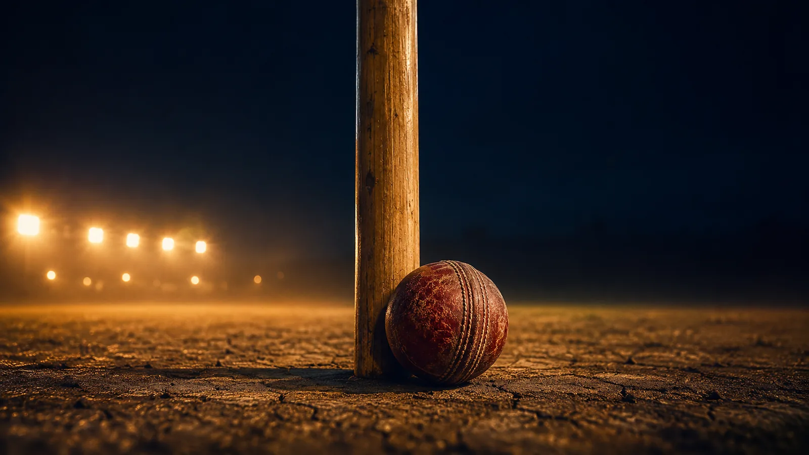 A single cricket stump stands on a floodlit pitch at night with a worn ball resting at its base, warm amber light against deep navy darkness