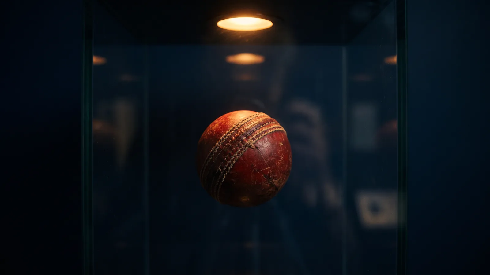 A single weathered cricket ball displayed under a warm spotlight inside a dark glass museum case