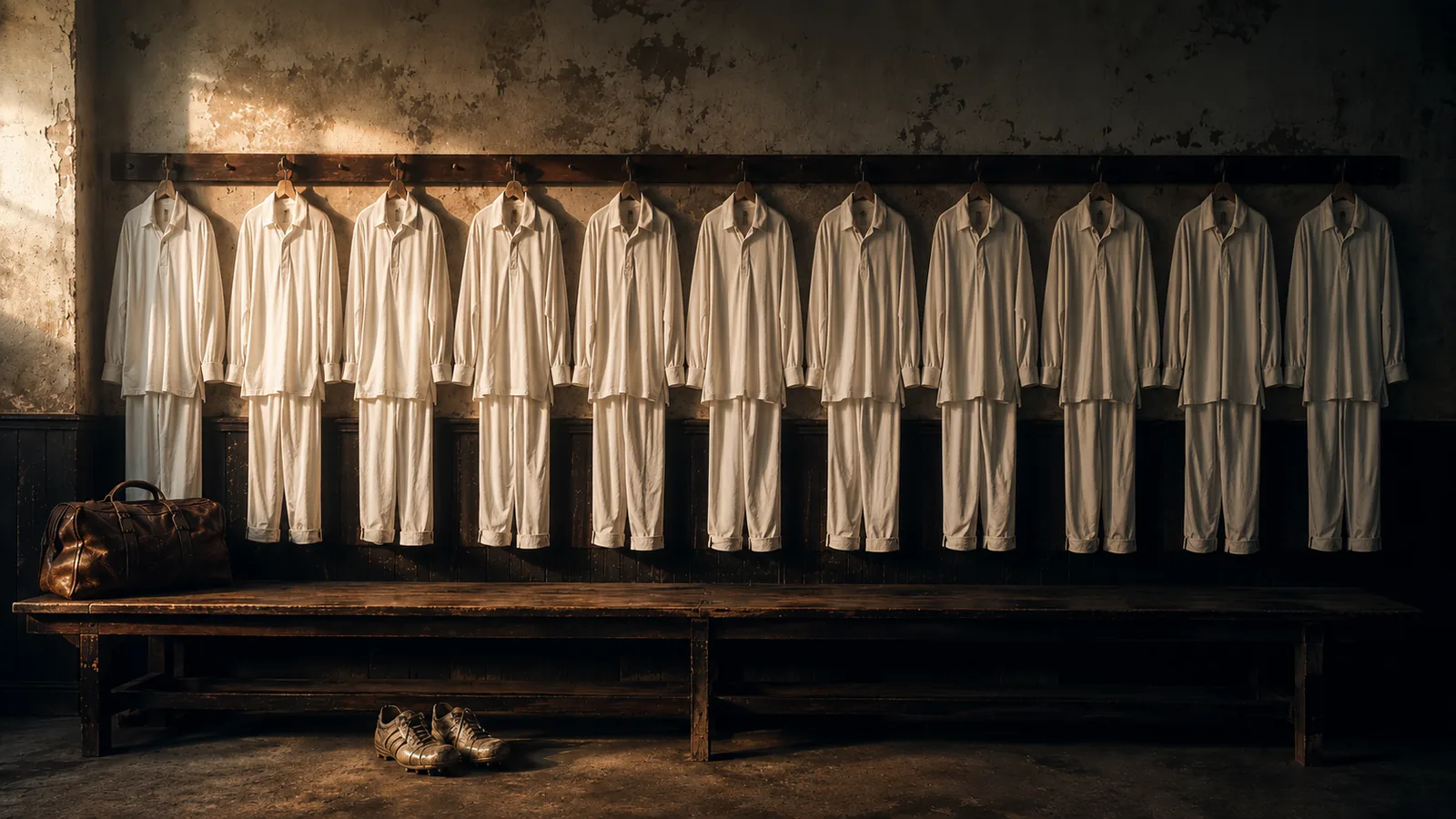 Eleven plain white cricket kits hanging on wooden pegs in a dim vintage dressing room, lit by warm amber side-light with deep navy shadows