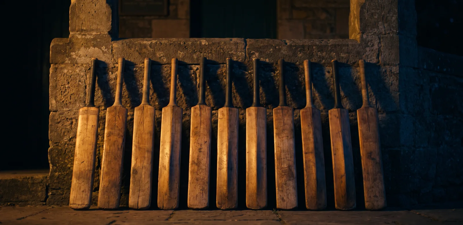 Eleven weathered cricket bats leaning in a row against a stone pavilion wall, lit by warm low side-light with deep navy shadows