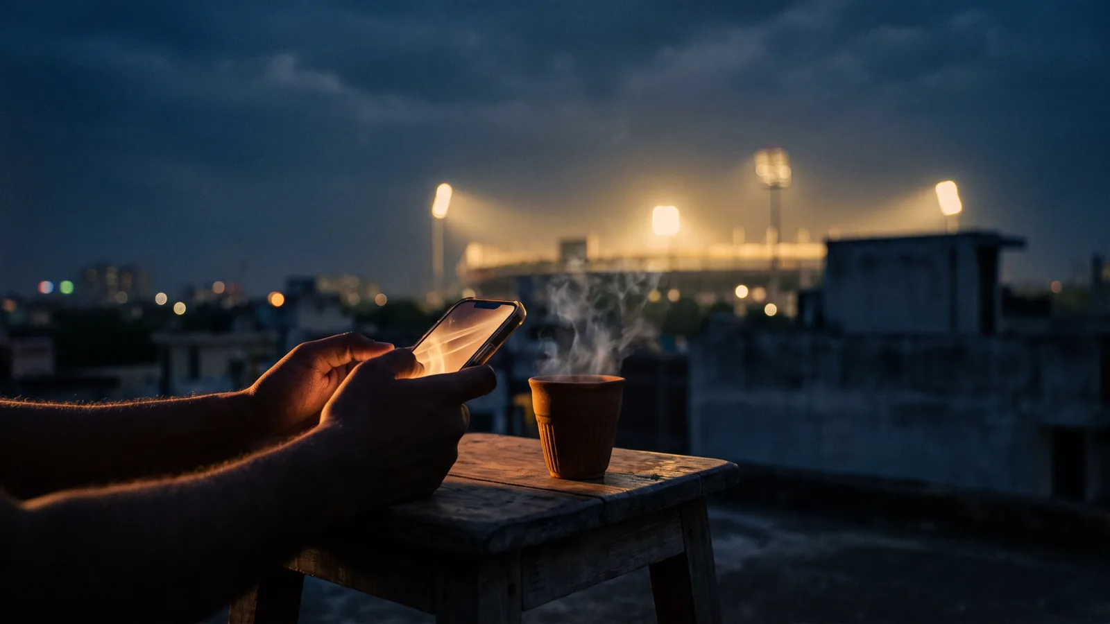 Silhouetted hands holding a softly glowing phone at dawn on an Indian rooftop, a steaming cup of chai beside it and distant stadium floodlights against a deep navy sky