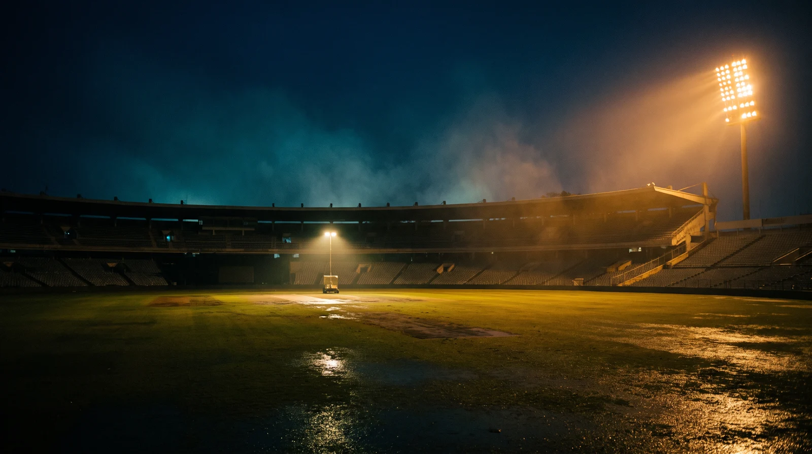 An empty cricket stadium at night after the crowd has gone, one floodlight bank still burning over a wet outfield