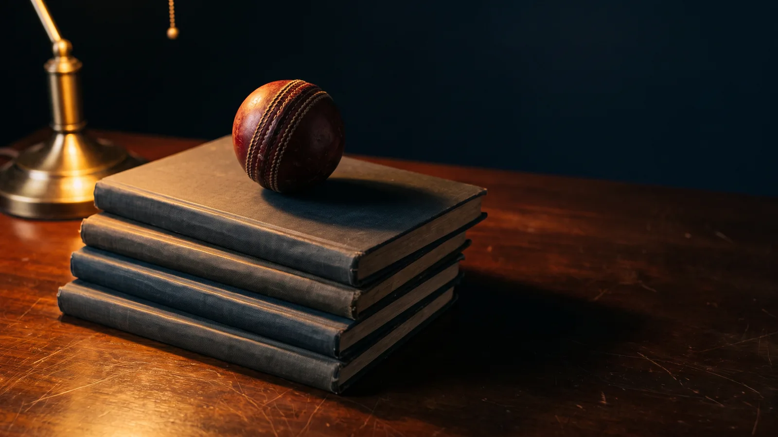 A weathered red cricket ball resting on a stack of closed vintage scorebooks under a warm desk lamp, deep navy shadows around them