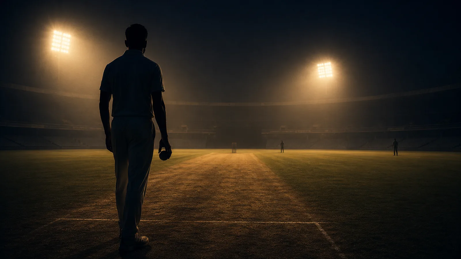 A lone fast bowler silhouette stands at the top of his run-up on a floodlit cricket ground at night, deep navy sky and warm amber light on the pitch