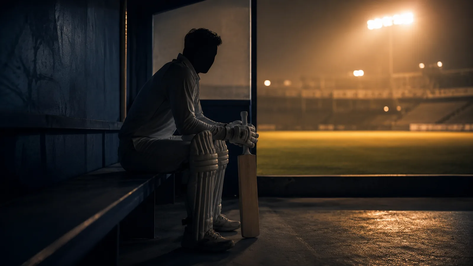 A padded-up batter sits alone in a dark dugout at night, gloves resting on a bat, lit by warm amber floodlight spill against deep navy shadows