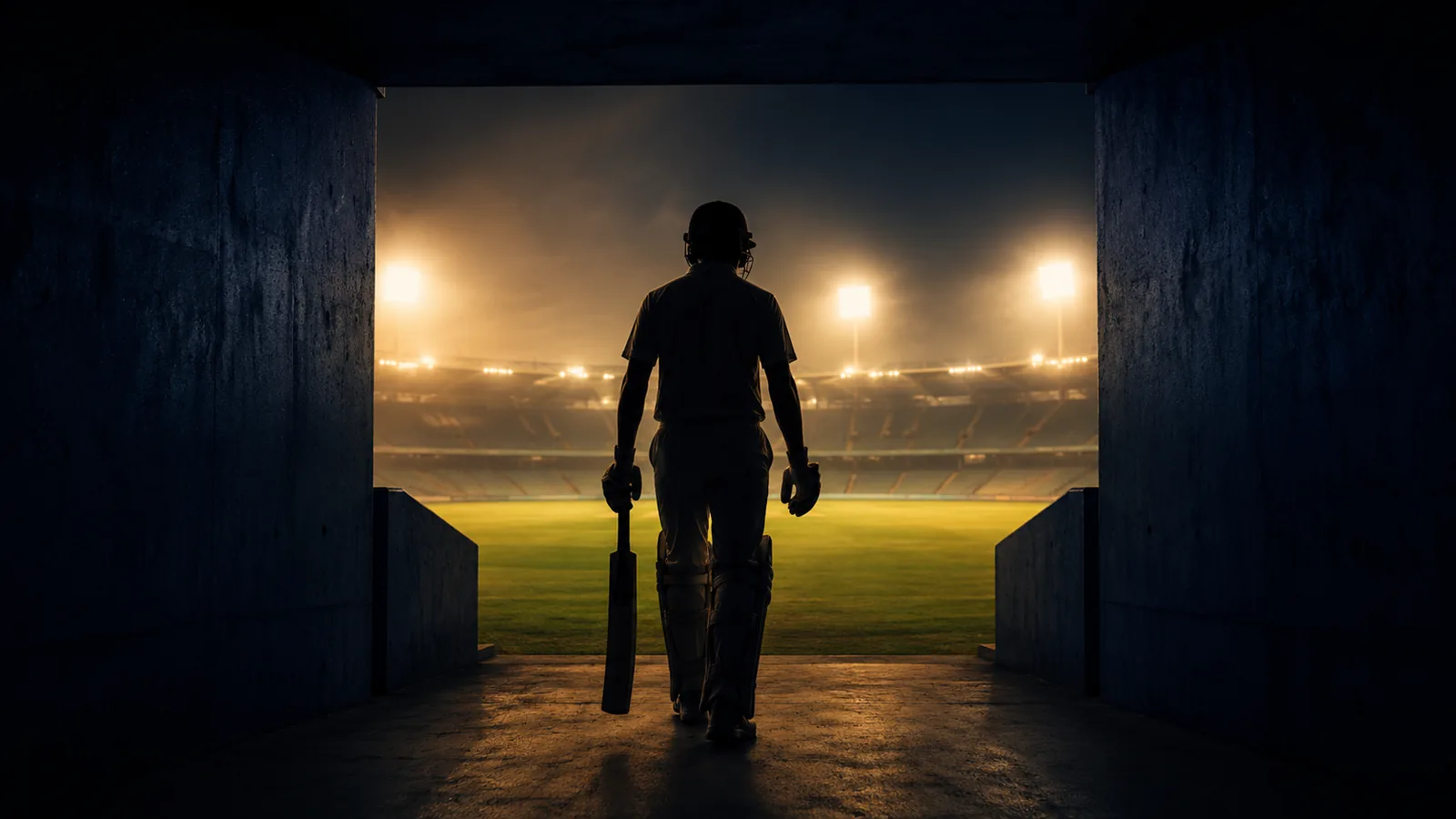 A lone batter silhouette walks out of a dark tunnel toward a floodlit cricket ground at night, warm amber light flooding in against deep navy darkness